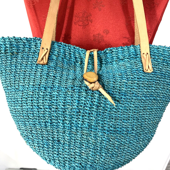 Unique Woven Bucket Market Bag Tote Purse Aqua Blue Shoulderbag Leather Straps - Picture 2 of 8